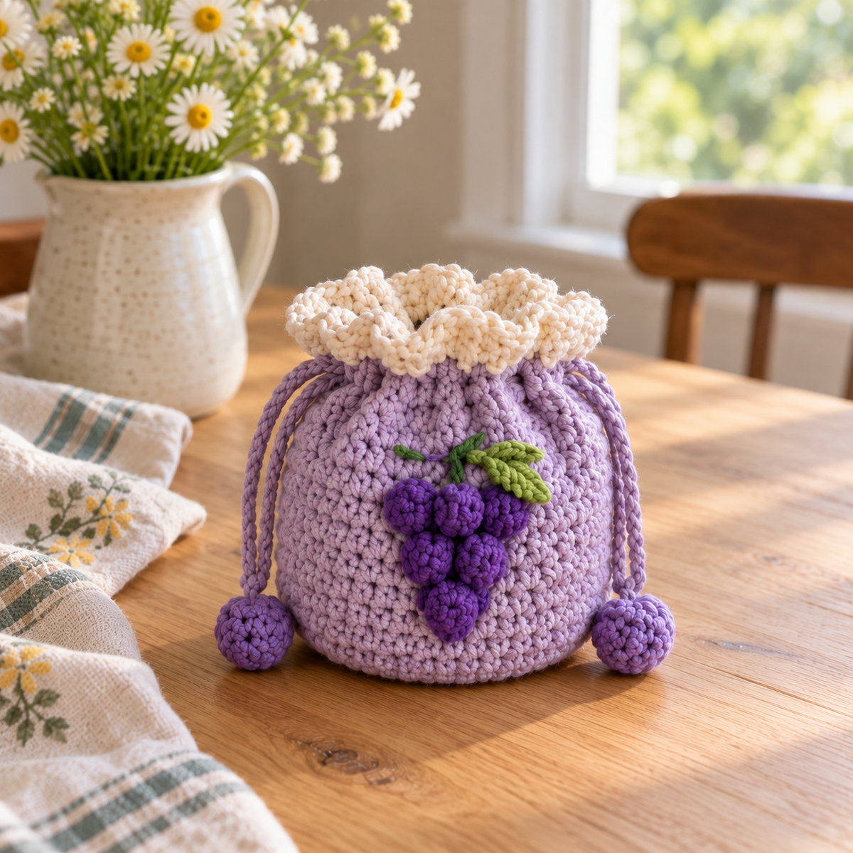 Grape crochet drawstring pouch in purple with handmade grape detail