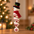 Full-length Classic Top Hat crochet snowman spiral ornament showing spiral body and hanging details