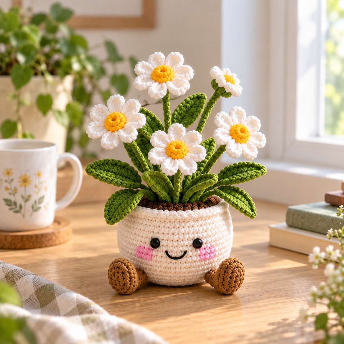 Daisy style crochet plant decor in a small smiling pot
