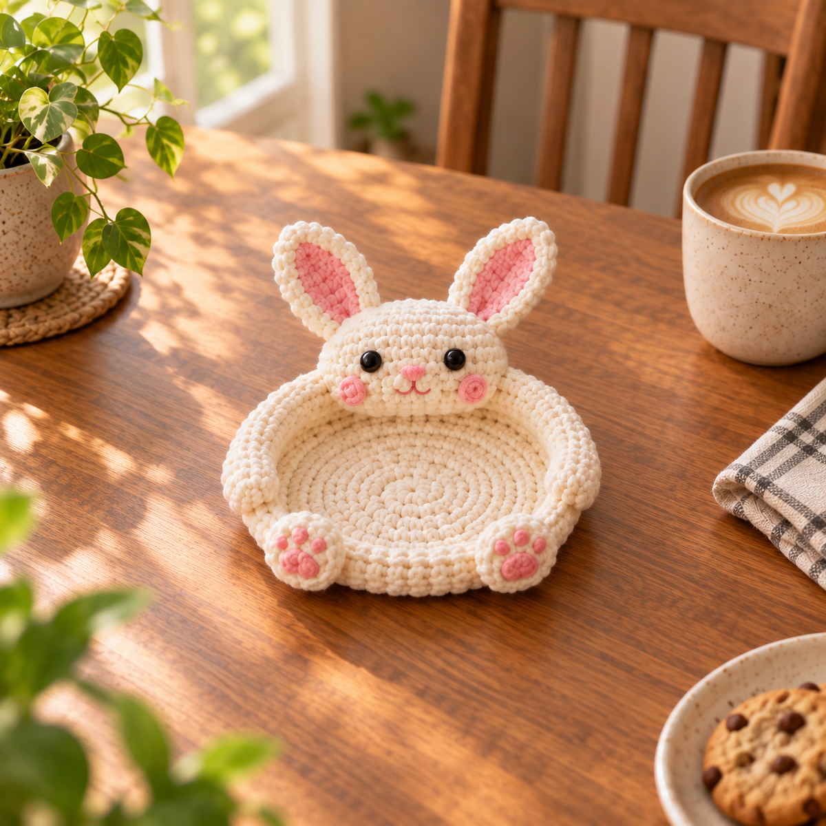 Bunny crochet animal coaster in cream with pink ears and paw details