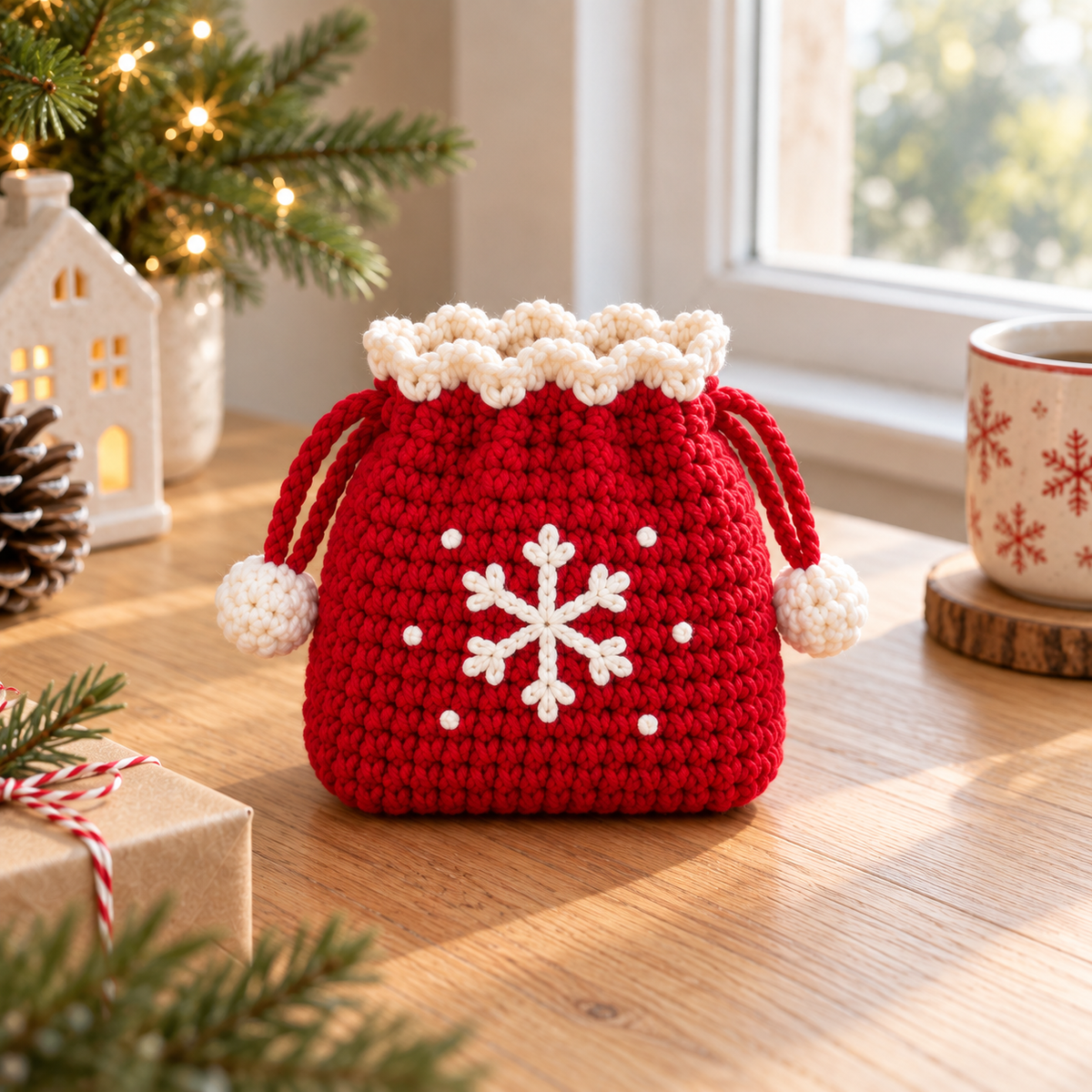 Red Snowflake crochet drawstring pouch with white snowflake design