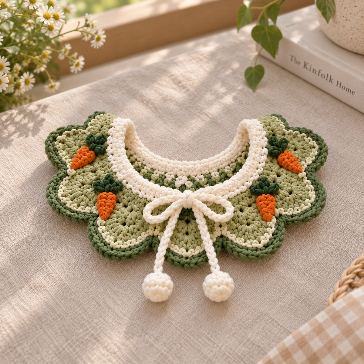 Carrot Garden crochet pet collar in green and cream with small orange carrot details