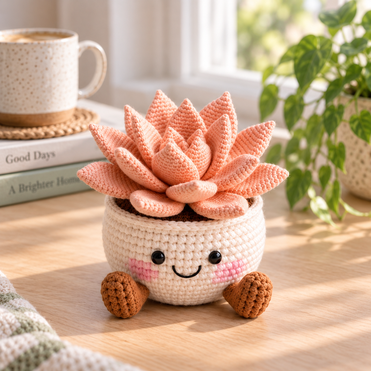 Style 4 crochet succulent decor with peach layered leaves and smiling cream pot