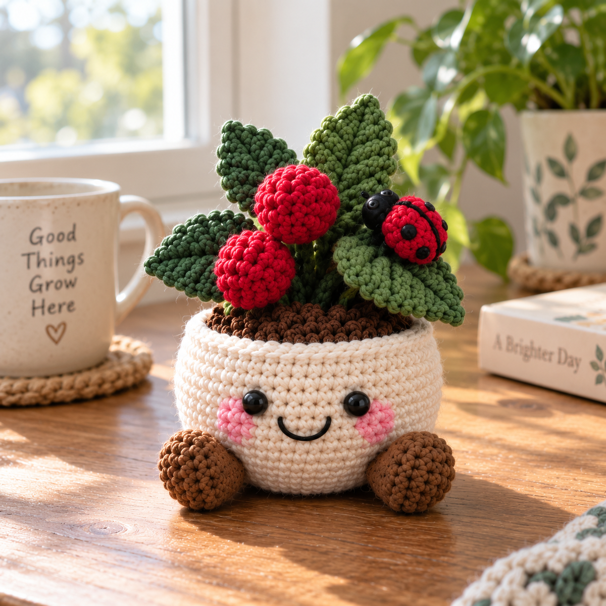 Style 6 crochet garden decor with red berries, green leaves, and a ladybug