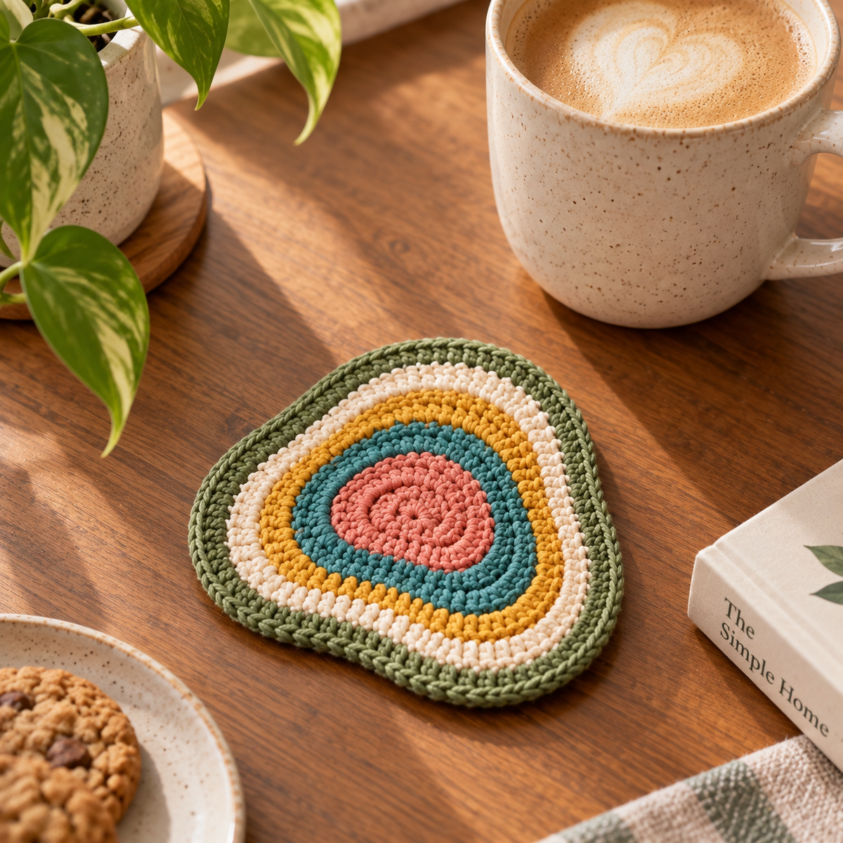 Pebble Swirl crochet coaster in a rounded layered shape with pastel color bands beside a mug