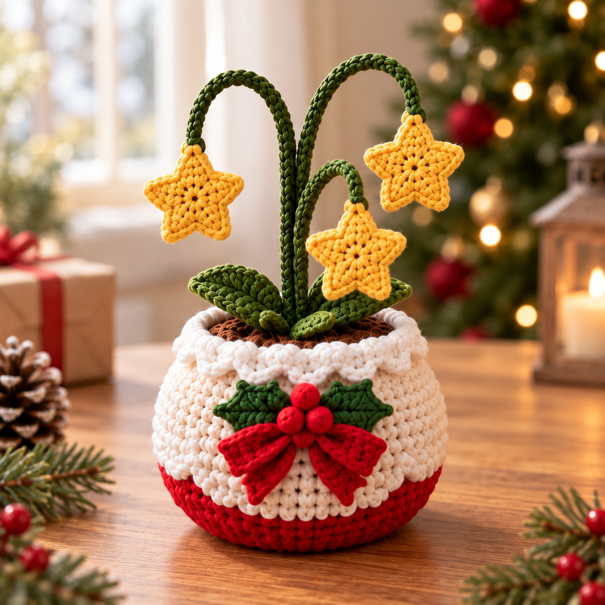 Style 5 crochet white planter decor with gold star stems and red bow