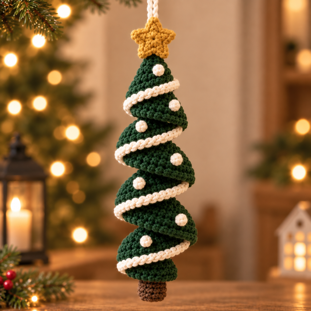 Full-length Evergreen crochet Christmas tree spiral ornament showing its spiral shape and hanging details