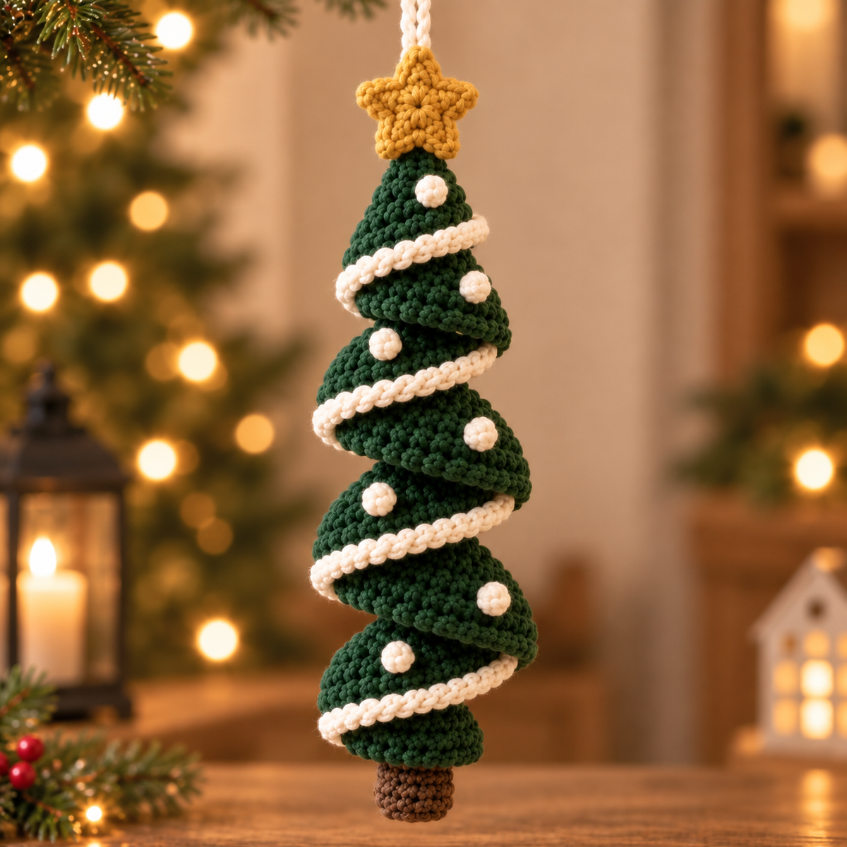 Full-length Evergreen crochet Christmas tree spiral ornament showing its spiral shape and hanging details
