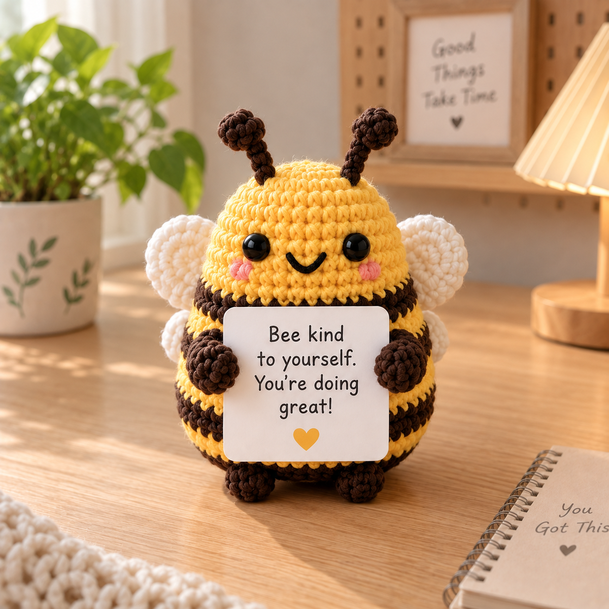Bee amigurumi emotional support character holding a custom encouragement message