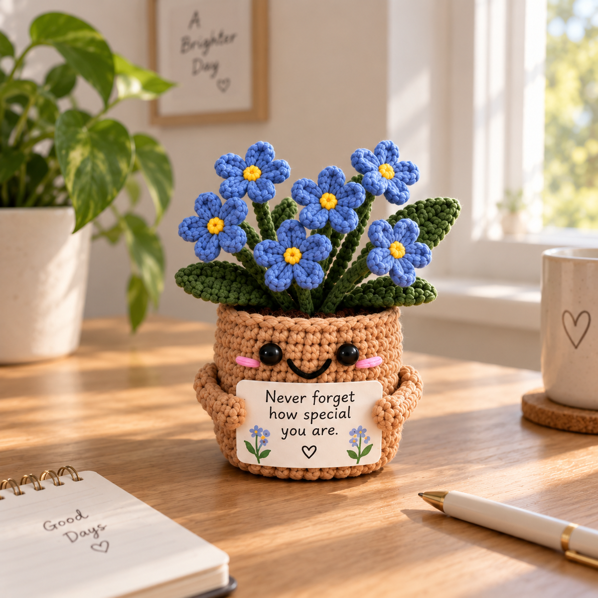 Forget-Me-Not crochet flower pot emotional support gift with blue flowers and personalized message