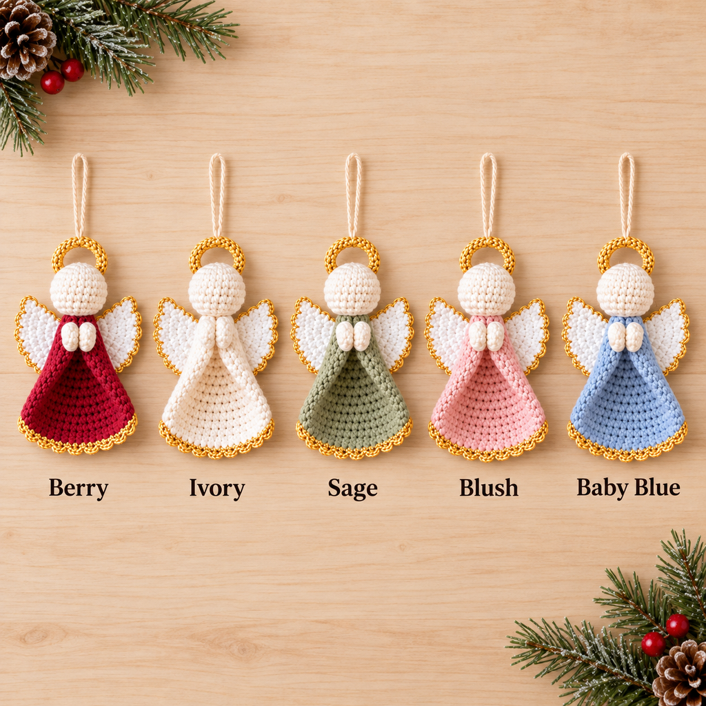 Five crochet angel ornament color options labeled Berry, Ivory, Sage, Blush, and Baby Blue