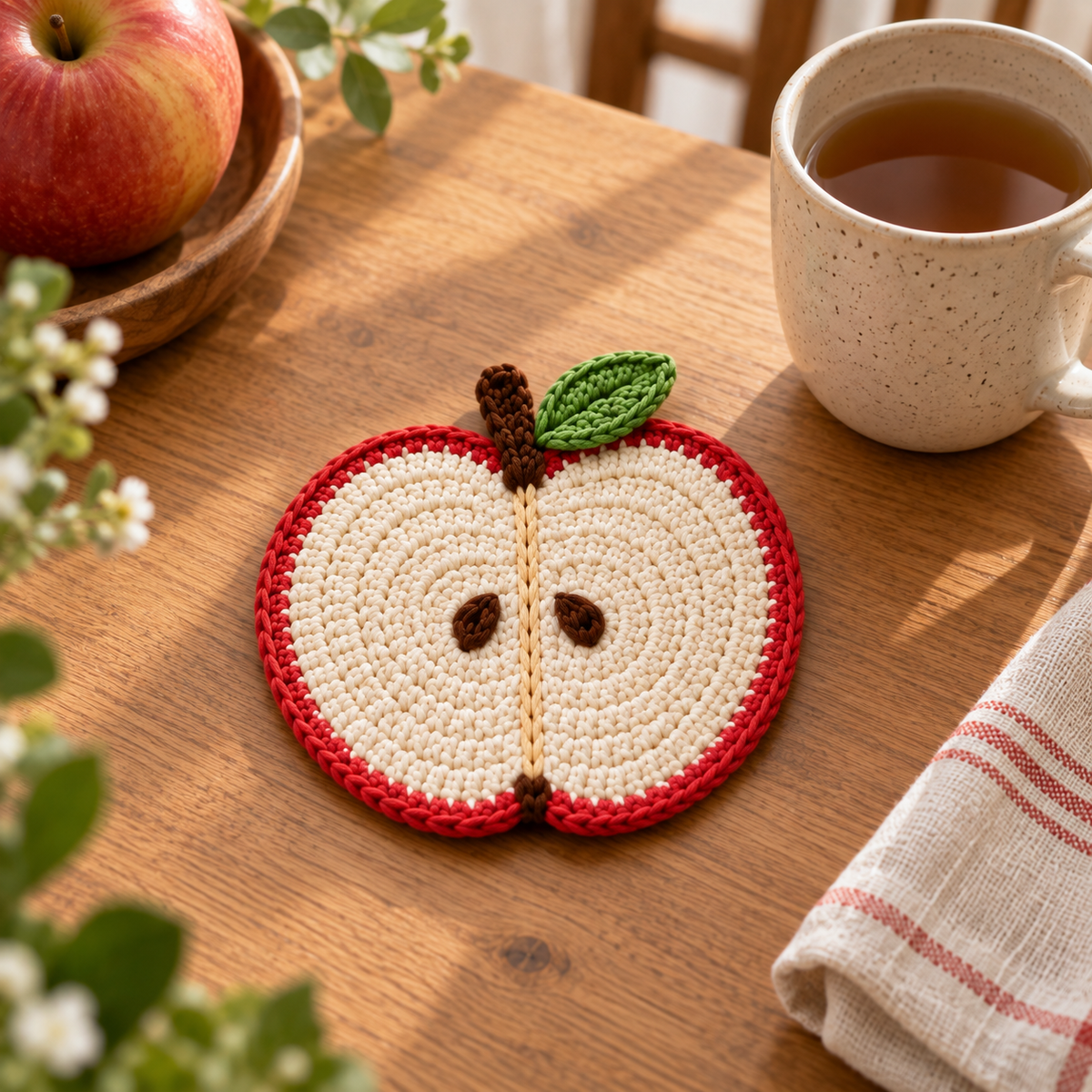 Apple crochet coaster in red and cream displayed on a wooden table with an apple in the background