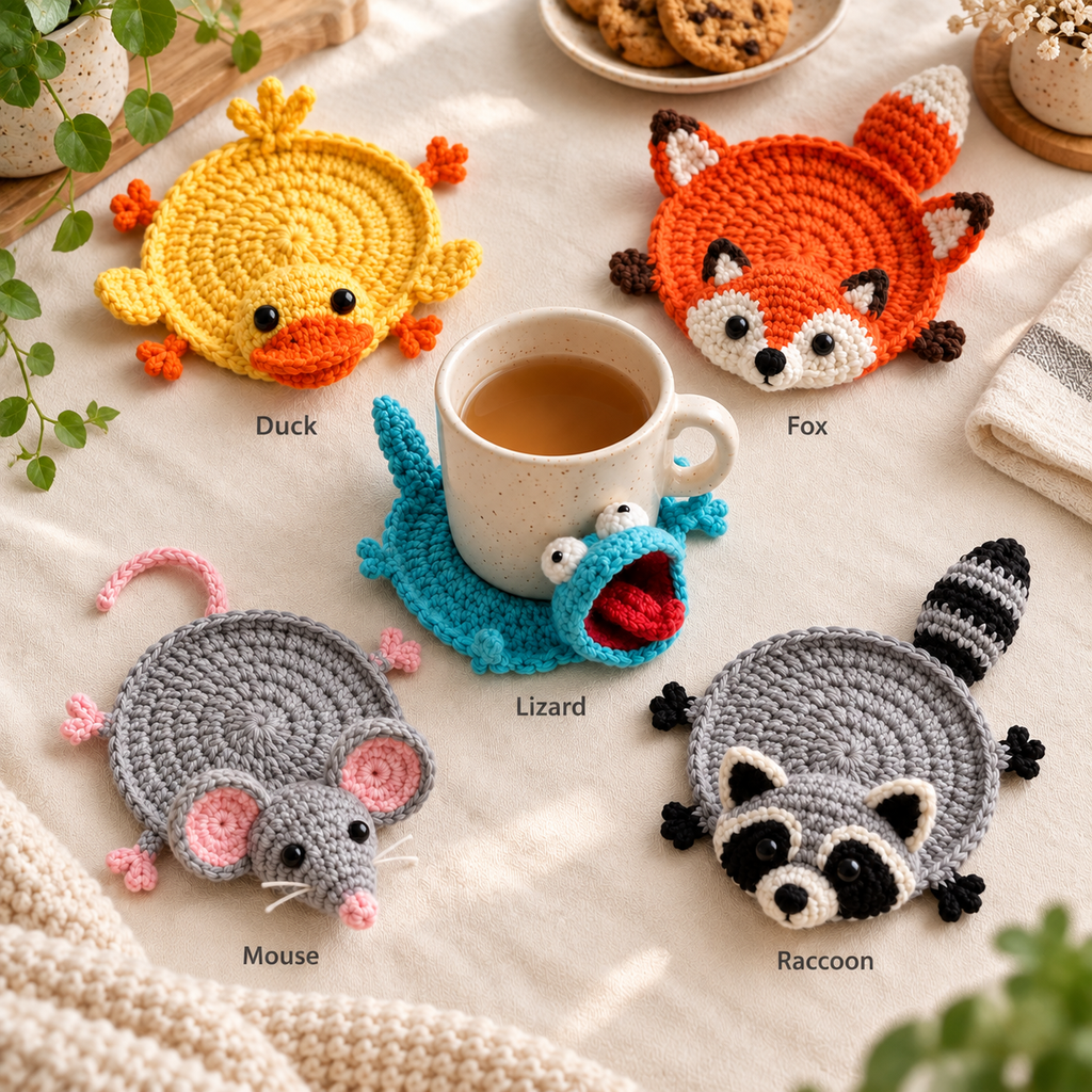 Five crochet animal coaster styles labeled Duck, Fox, Lizard, Mouse, and Raccoon