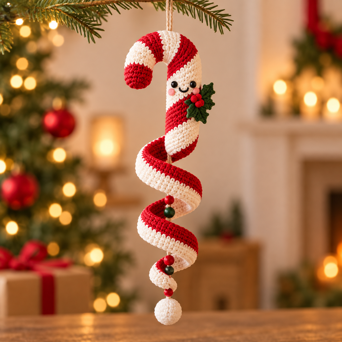 Candy Cane crochet spiral Christmas ornament with red and ivory stripes