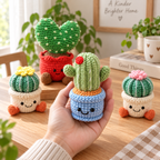 Crochet cactus decor held by hand with other cactus styles displayed nearby