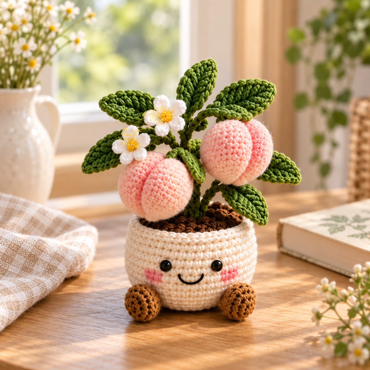 Peach crochet plant decor with soft pink peaches, green leaves, and white flowers