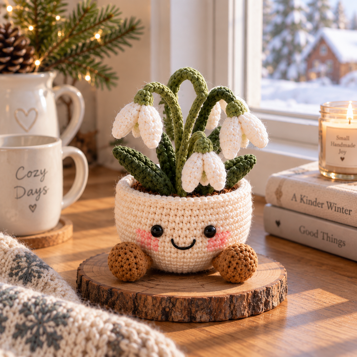 Snowdrop crochet winter plant decor with white flowers and green leaves in a smiling cream pot