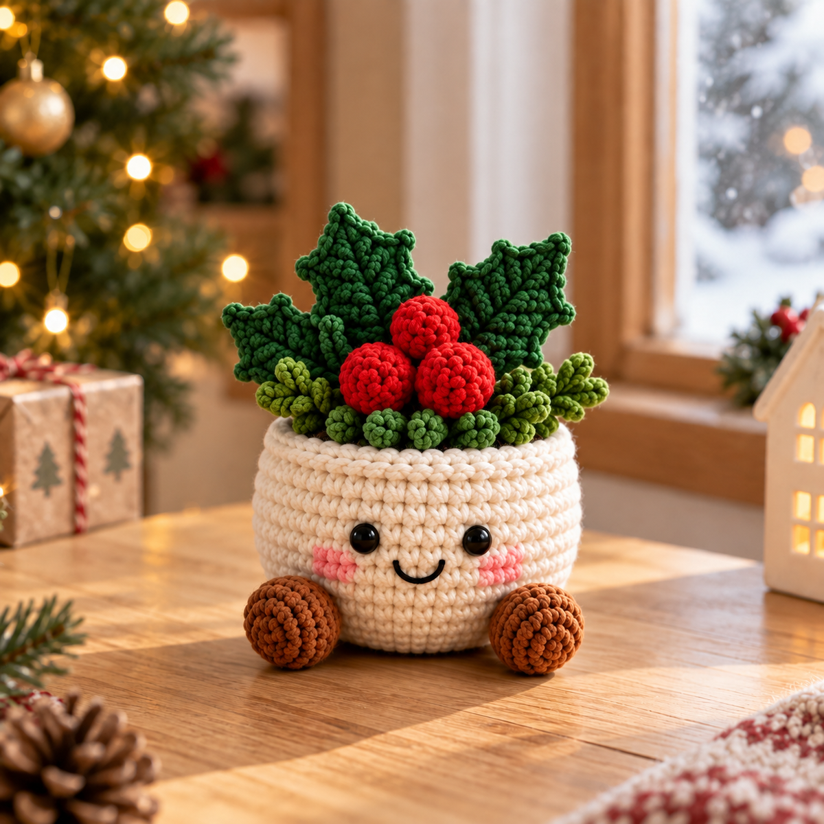 Holly Berry crochet plant decor in a smiling cream pot with green leaves and red berries