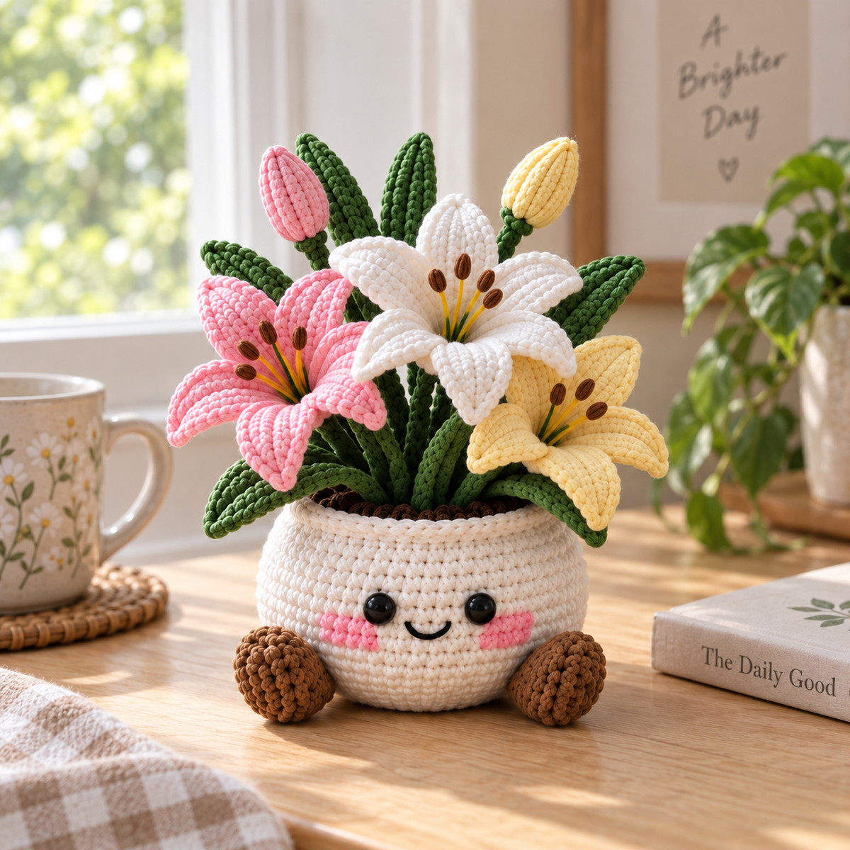 Lily crochet flower pot decor with pink and ivory handmade flowers