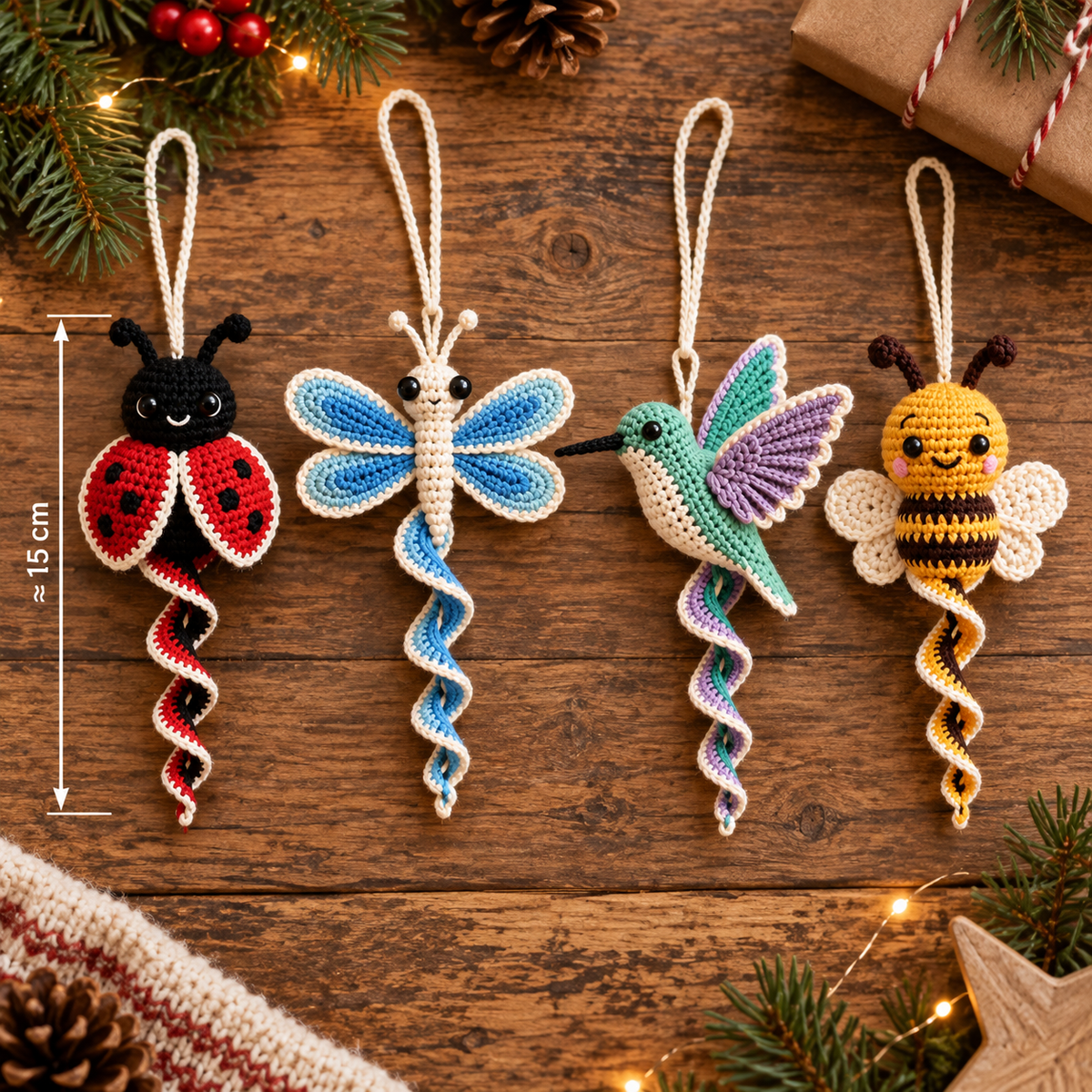 Flat lay of four crochet garden spiral ornaments featuring Ladybug, Dragonfly, Hummingbird, and Honey Bee