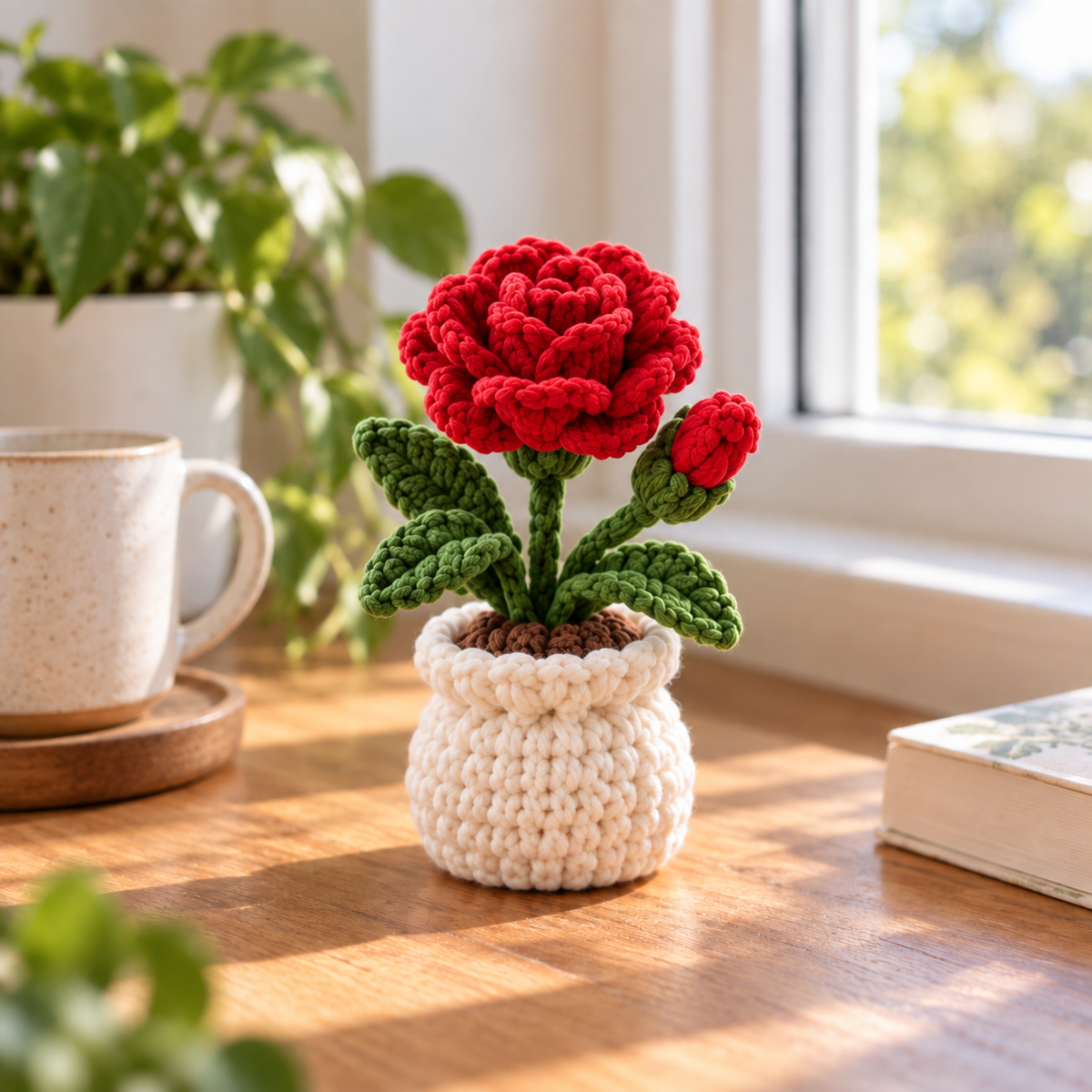June Rose crochet birth month flower pot with red handmade roses