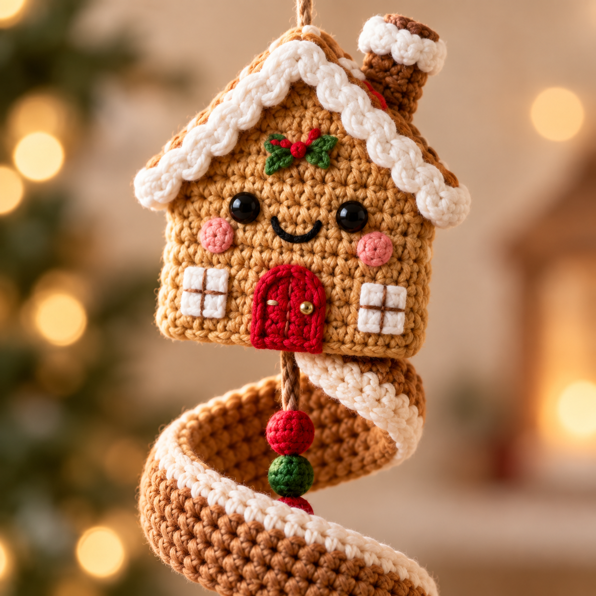 Close-up of Gingerbread House crochet spiral ornament showing handmade stitch and icing details