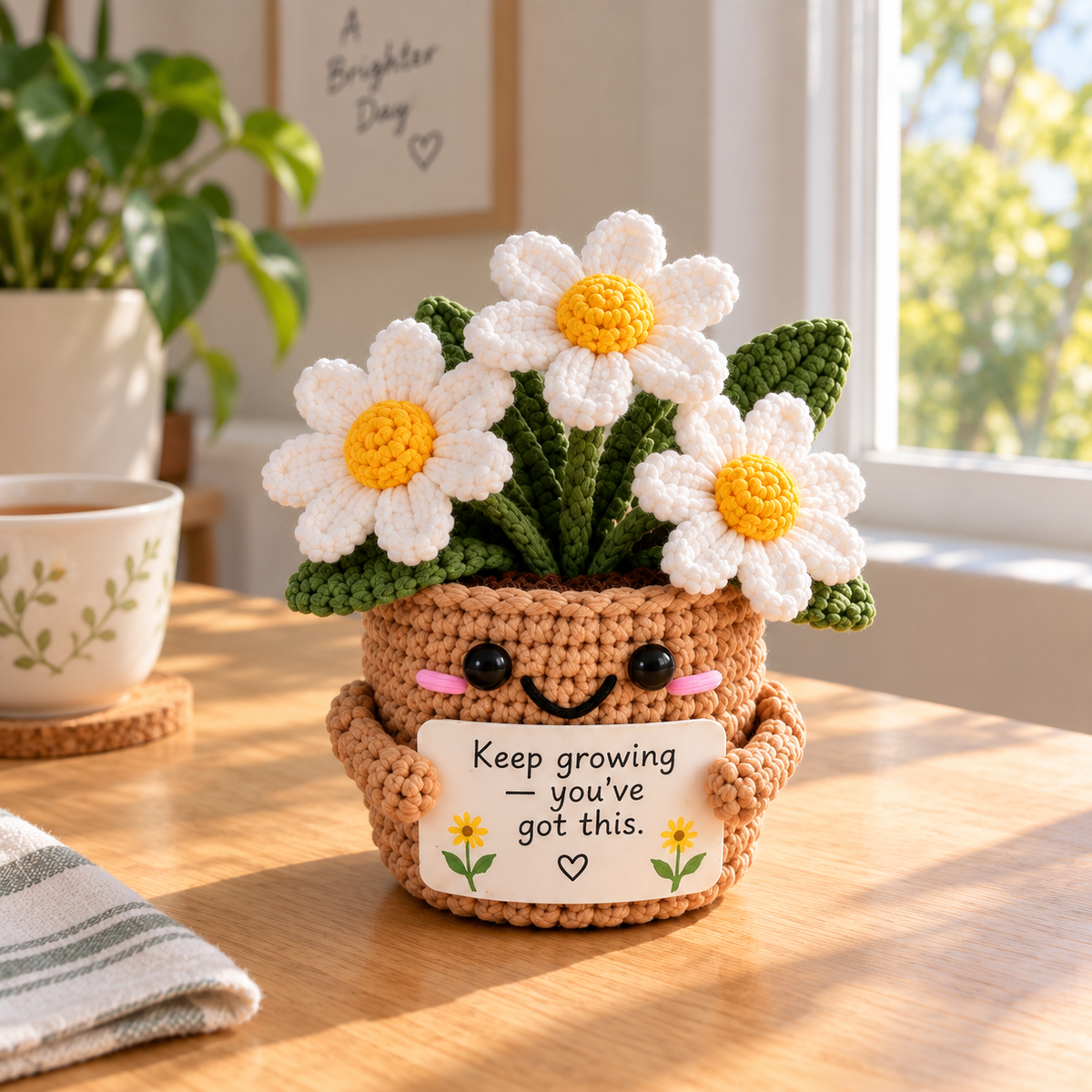 Daisy crochet flower pot emotional support gift with white flowers and custom message card