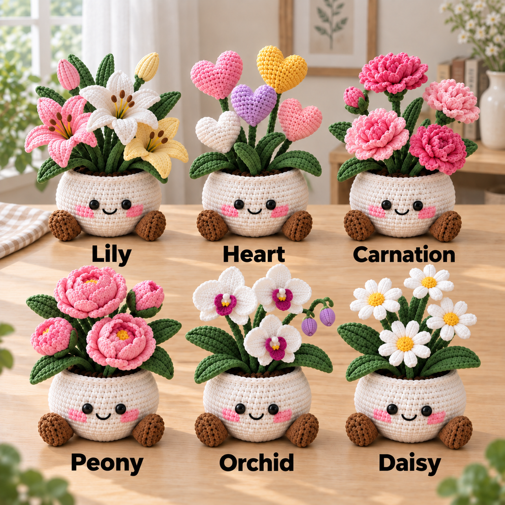 Six crochet flower pot styles labeled Lily, Heart, Carnation, Peony, Orchid, and Daisy