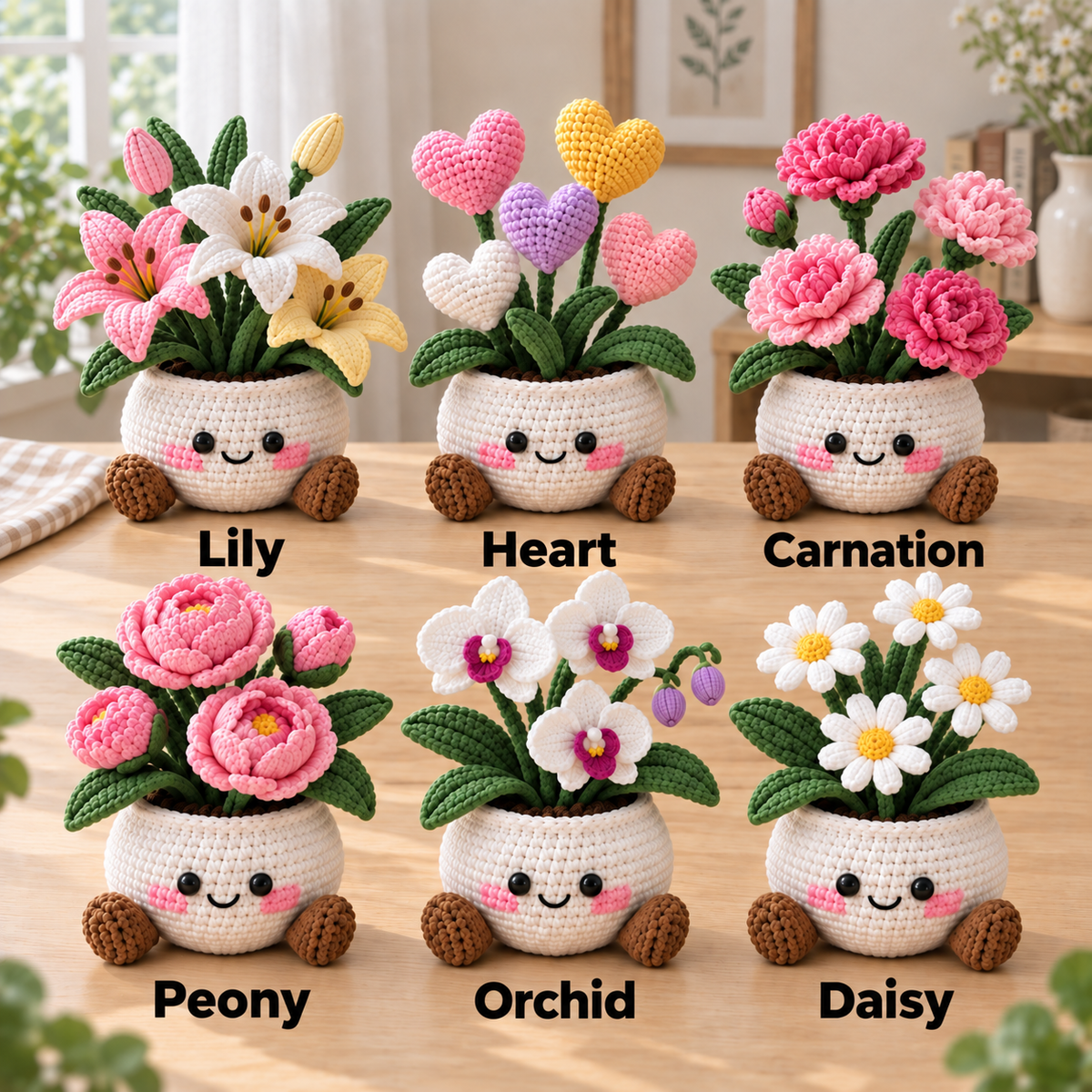 Six crochet flower pot styles labeled Lily, Heart, Carnation, Peony, Orchid, and Daisy