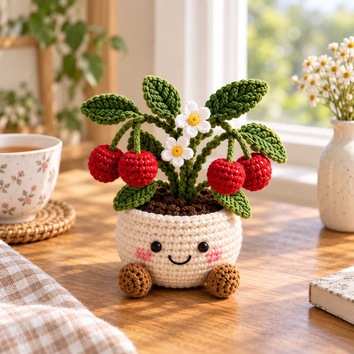 Cherry crochet plant decor with red cherries, green leaves, and white flowers