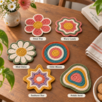 Labeled overview of six crochet coaster styles: Petal Pop, Wavy Candy, Mod Daisy, Orbit Bloom, Sunburst Star, and Pebble Swirl