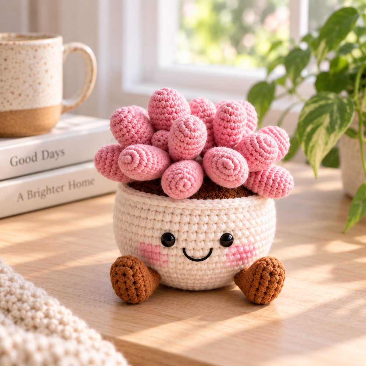 Style 5 crochet succulent decor with clustered pink rosette leaves and smiling cream pot