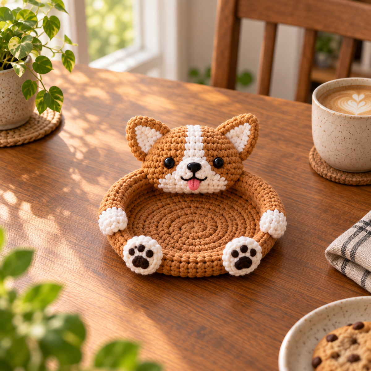 Corgi crochet animal coaster in brown and cream with pointed ears