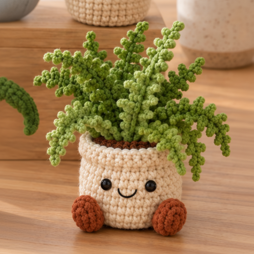 Fern crochet plant decor with clustered green fronds in a smiling cream pot