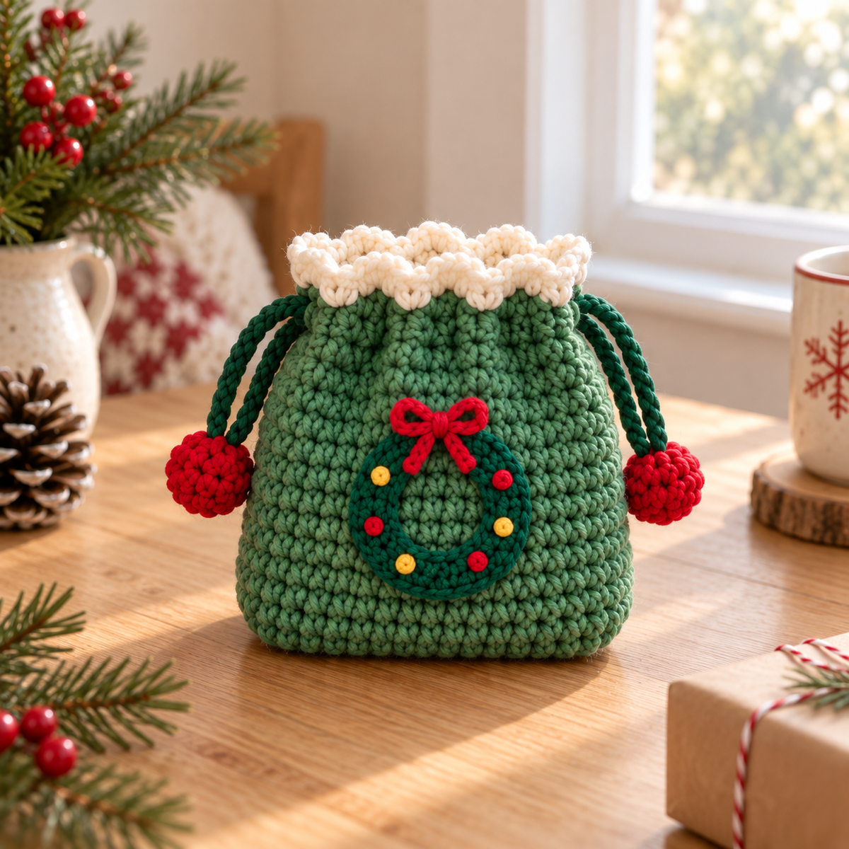 Green Wreath crochet drawstring pouch with red bow and colorful ornament details