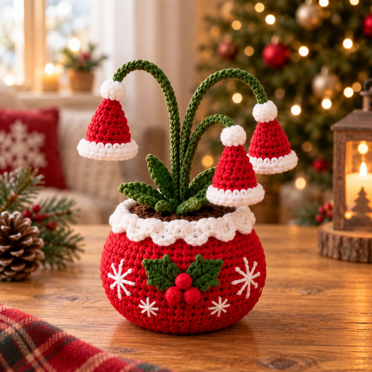 Style 6 crochet red planter decor with Santa hat stems and holly detail