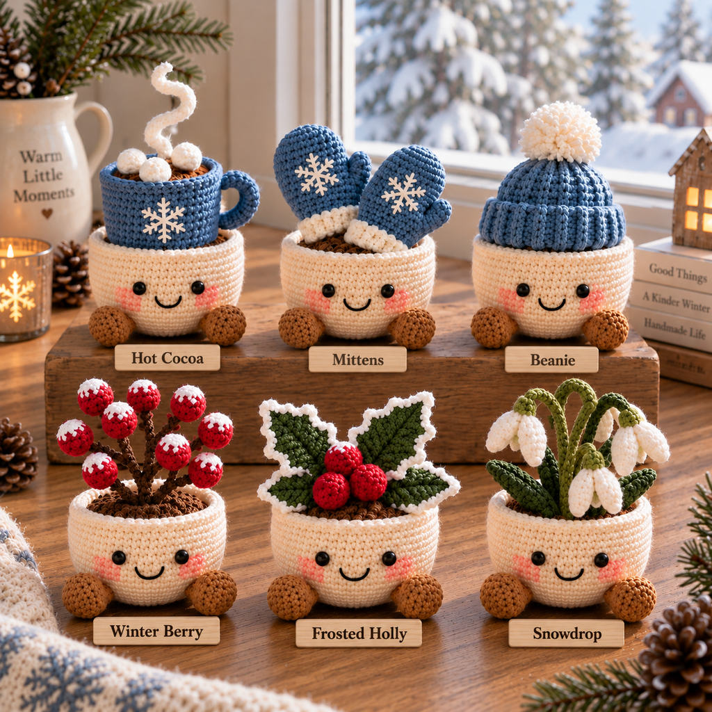 Six crochet winter decor options labeled Hot Cocoa, Mittens, Beanie, Winter Berry, Frosted Holly, and Snowdrop