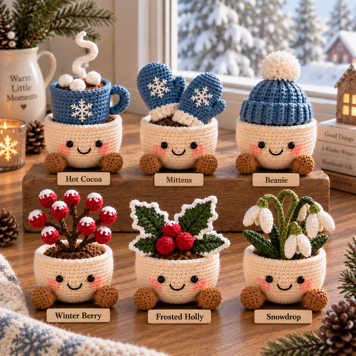 Six crochet winter decor options labeled Hot Cocoa, Mittens, Beanie, Winter Berry, Frosted Holly, and Snowdrop
