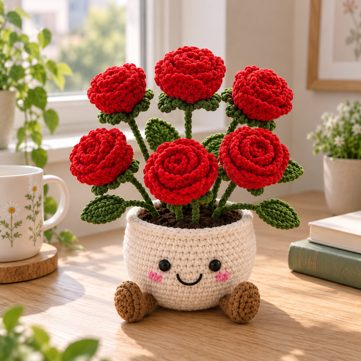Rose style crochet plant decor in a small smiling pot