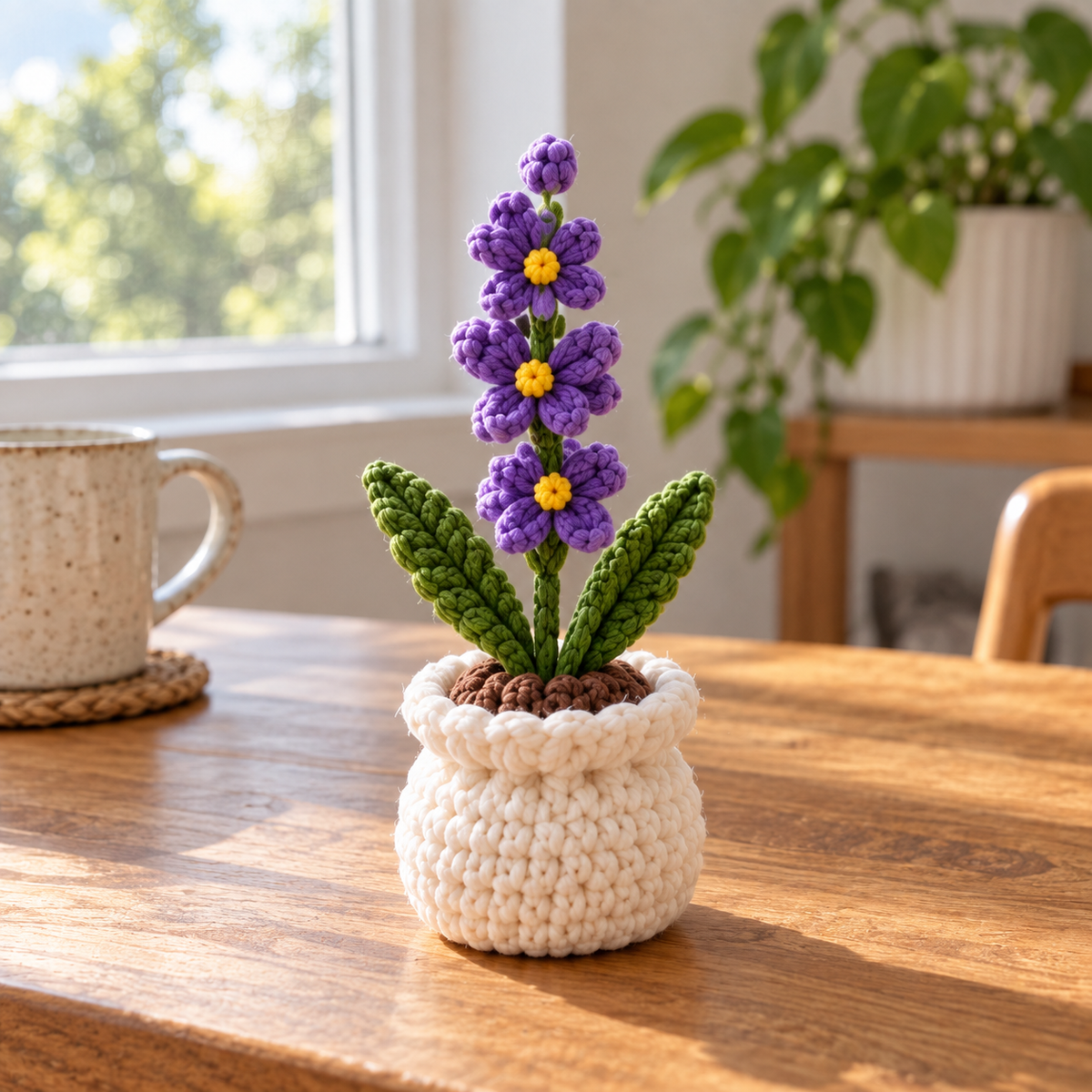 July Larkspur crochet birth month flower pot with tall purple handmade flowers