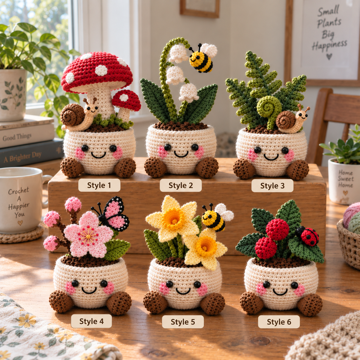 Six crochet garden decor options labeled Style 1 through Style 6