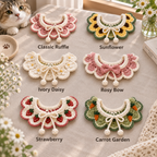 Six crochet pet collar styles labeled Classic Ruffle, Sunflower, Ivory Daisy, Rosy Bow, Strawberry, and Carrot Garden