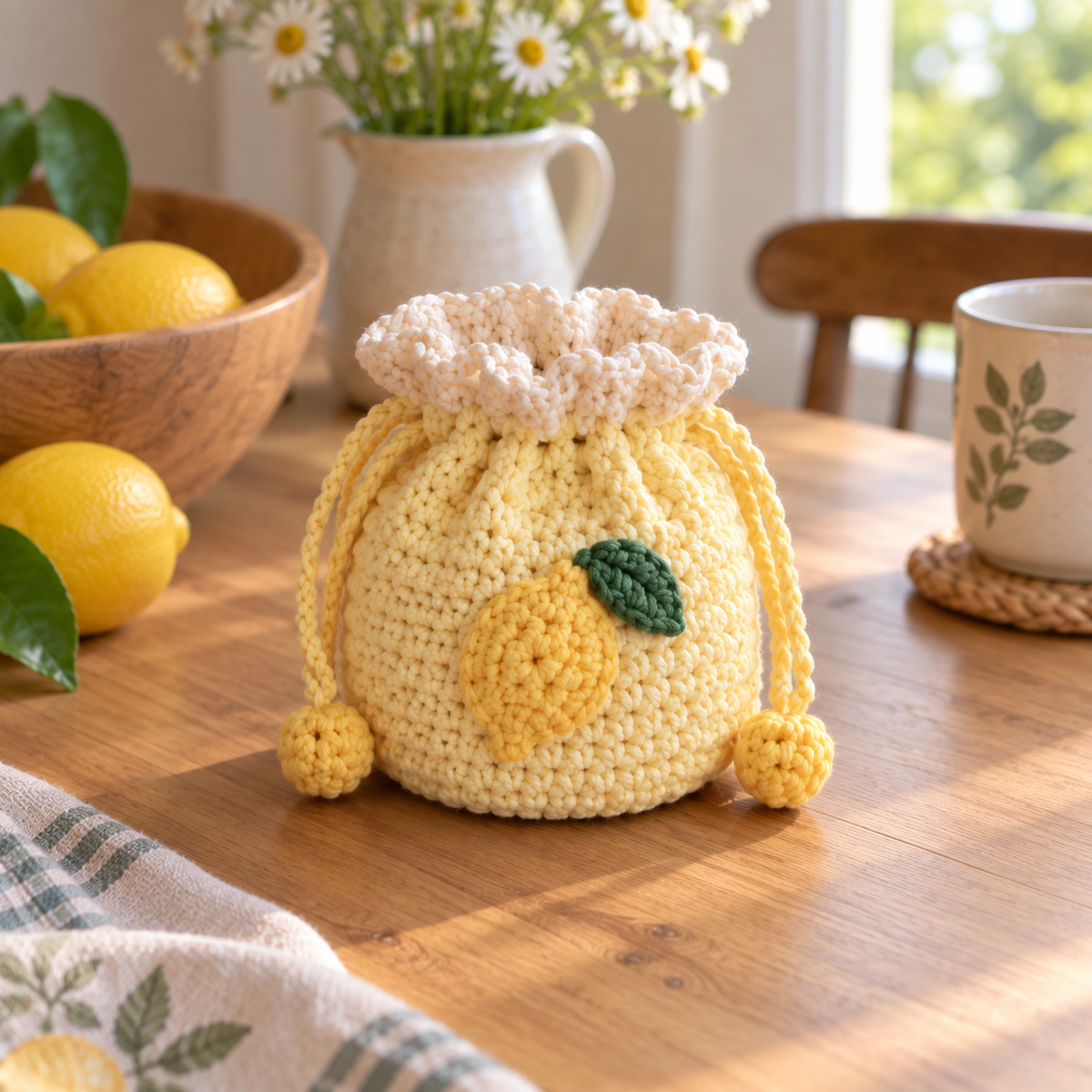 Lemon crochet drawstring pouch in pale yellow with handmade lemon detail
