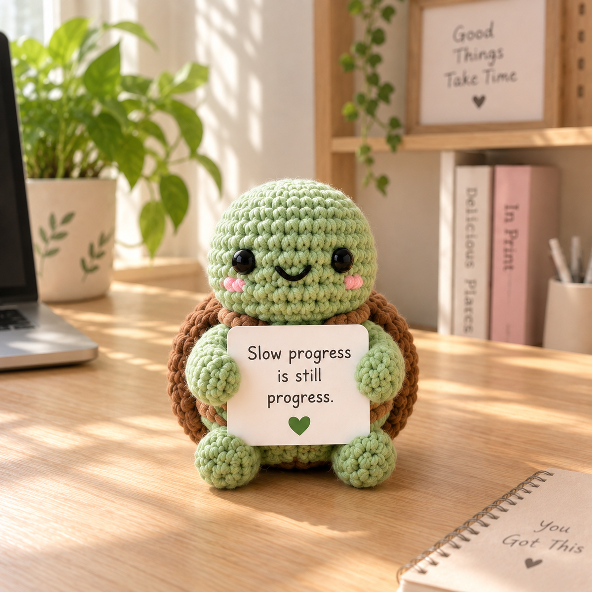 Turtle amigurumi emotional support character with personalized message card