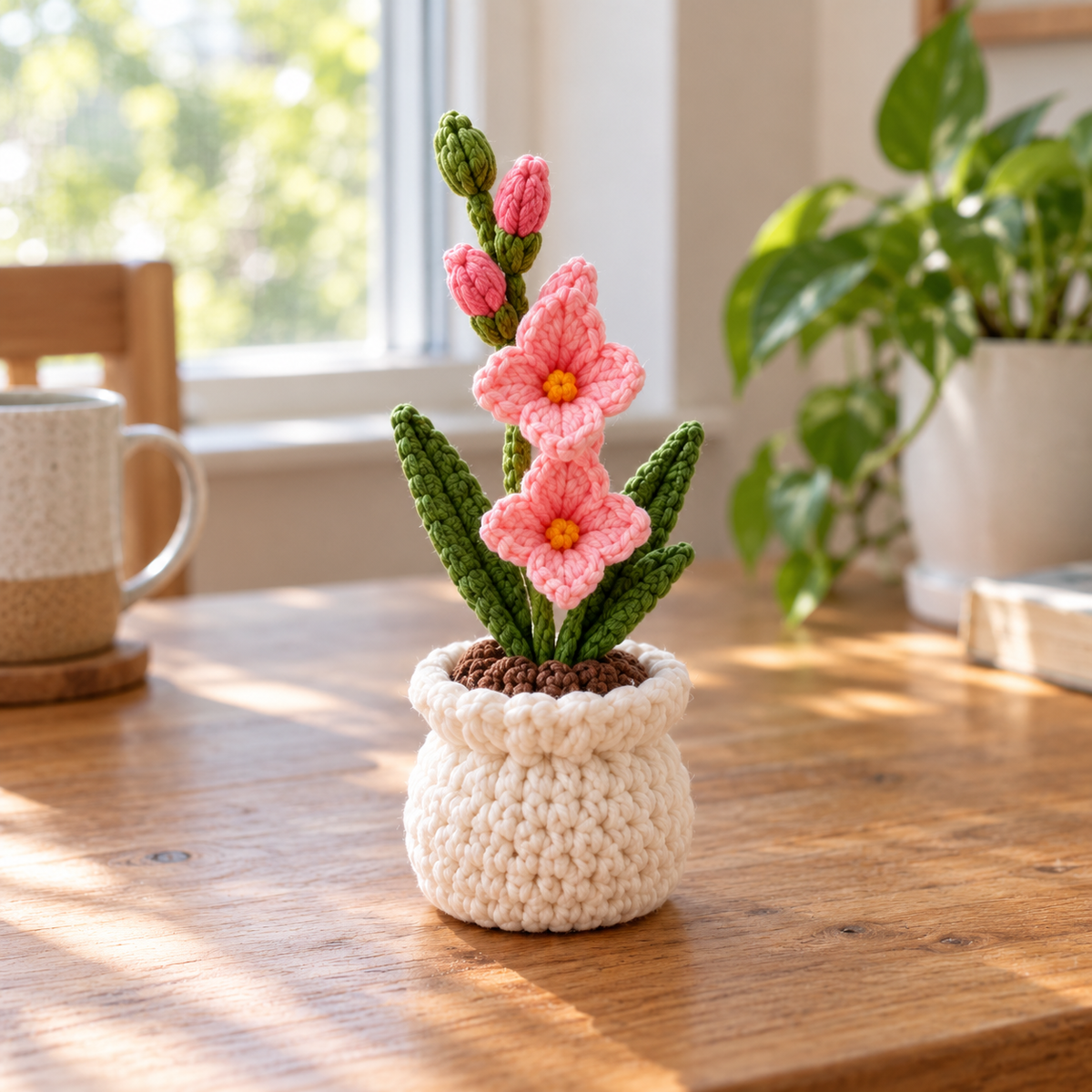 August Gladiolus crochet birth month flower pot with pink vertical blooms