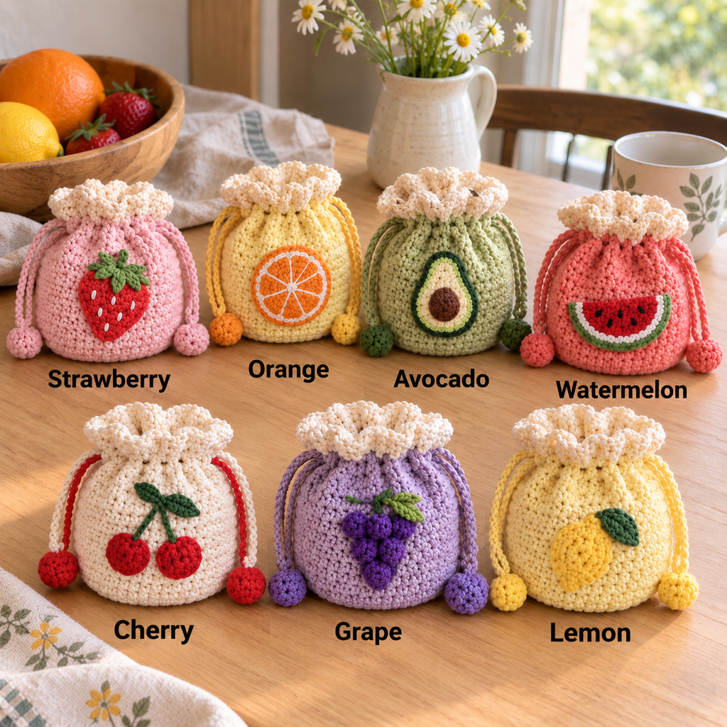 Seven crochet fruit drawstring pouch styles labeled Strawberry, Orange, Avocado, Watermelon, Cherry, Grape, and Lemon