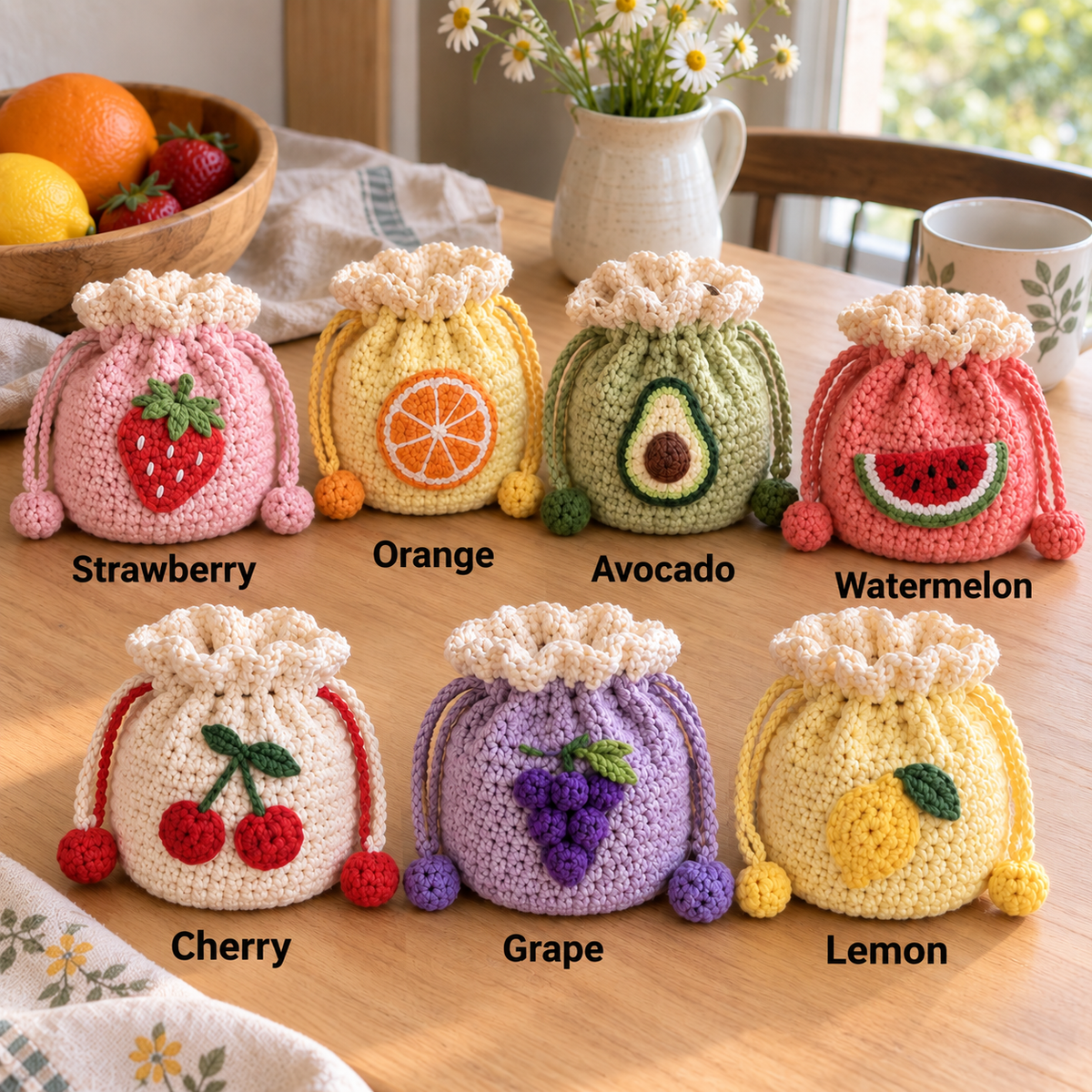 Seven crochet fruit drawstring pouch styles labeled Strawberry, Orange, Avocado, Watermelon, Cherry, Grape, and Lemon