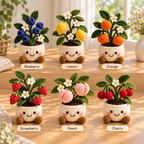 Six crochet fruit plant styles labeled Blueberry, Lemon, Orange, Strawberry, Peach, and Cherry