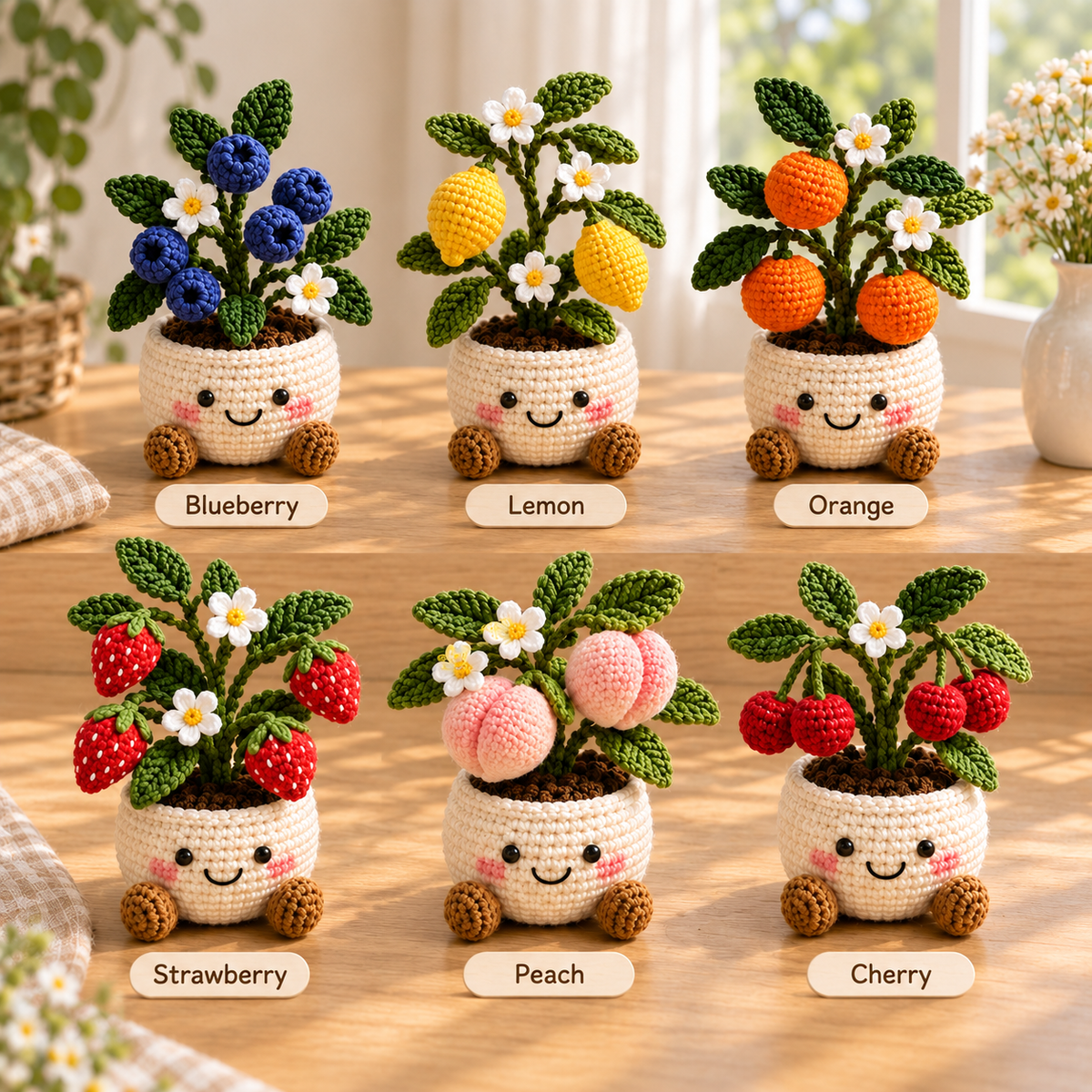 Six crochet fruit plant styles labeled Blueberry, Lemon, Orange, Strawberry, Peach, and Cherry
