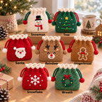 Seven crochet Christmas drawstring pouch styles labeled Snowman, Tree, Santa, Reindeer, Gingerbread, Snowflake, and Wreath